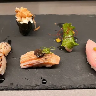 5 Piece Omakase (Special) (Left to Right - Scallops and Foie Gras, Crabmeat and Uni, Torched Salmon Belly with Black Truffle)