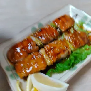Glazed Chicken Skewers with lemon.