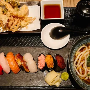Restaurant week 2023. Omakase set with tempura and soy dashi udon.