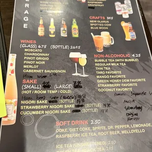 a menu for drinks