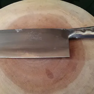 Cleaver and butcher block.