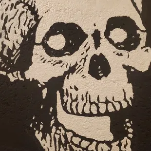 a stencil of a skull on a wall