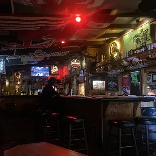 a bar with a lot of tables and stools