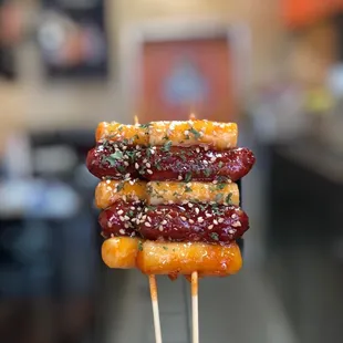 a stack of food on a stick