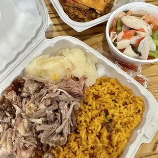 Pastelon, Ensalad de Mariscos, Arroz Con Gandules w/ Pernil and cassava