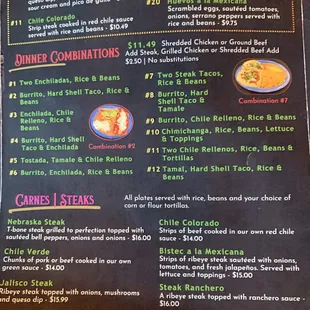 Dinner menu