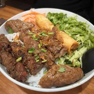 Vermicelli with Grilled Meat &amp; Egg Rolls