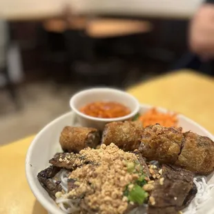 Pork Shish Kebab/Imperial Rolls over Vermicelli
