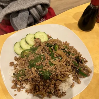 50. Basil leaf ground pork over rice