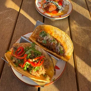 two plates of tacos on a picnic table