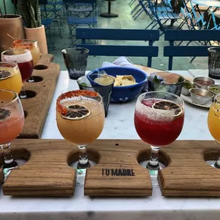 Margarita flight (l-r): blood orange, tamarind, hibiscus, and passion fruit.