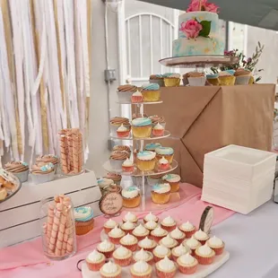 Dessert Table: Mini Lemon Cheesecake Bites, Guava Cupcakes w/ Lemon Cream Cheese Buttercream, Coconut Cupcakes w/ Milk Chocolate Buttercream