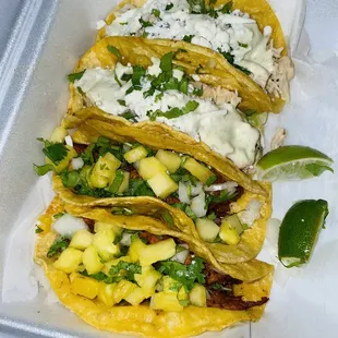 Chicken tacos and al pastor tacos