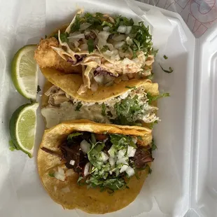 Fish, lime chicken, barbacoa