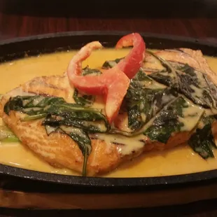 Sizzling salmon. Amazing! Served with white rice, steamed asparagus, and your choice of curry sauce.