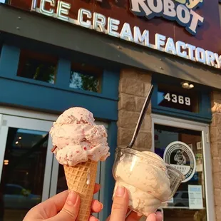 Raspberry Chocolate Chip Cone and Peach Cup