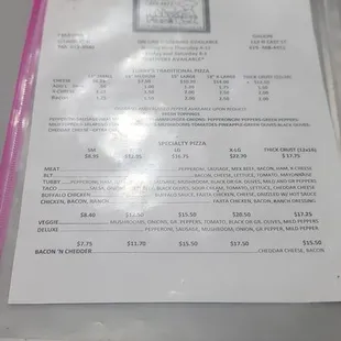 Menu items and prices.