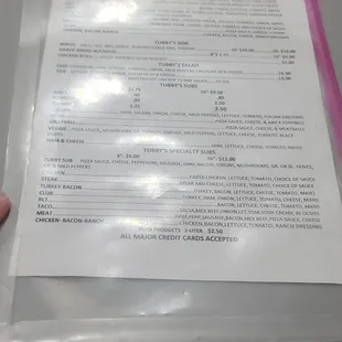 Menu items and prices.