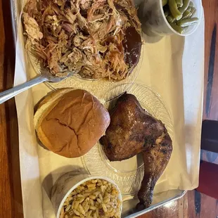 2 meats pulled pork and chicken with green beans and rice.