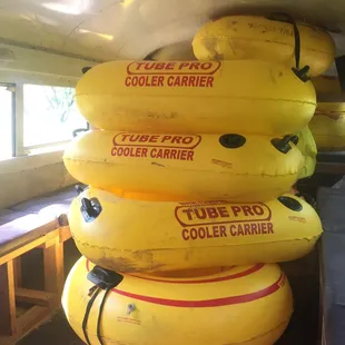 The tubes being transported in the school bus!