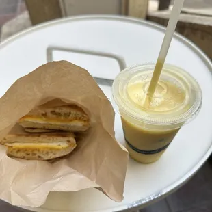 Egg and cheese panini and tropical storm smoothie