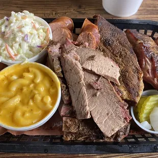 Beef Brisket, Sausage, Ribs, Cole slaw, Mac and Cheese.