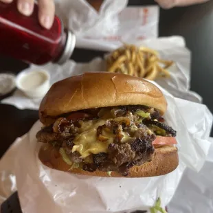 a hamburger and fries