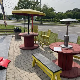 picnic tables and umbrellas