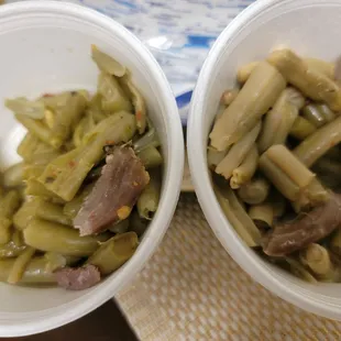 Green beans on the right  are pale and taste of water l