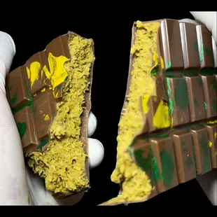 Milk Chocolate, in-house pistachio cream, and crispy knafeh, a phyllo-style spun dough all come together in an unbelievably crispy bar!