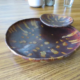Student - this is a chip and dip bowl using slab work and forms and then two glazes that Rebecca showed me how to work with. Doug Stevenson