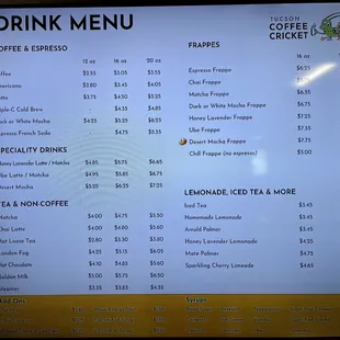 the menu for the game