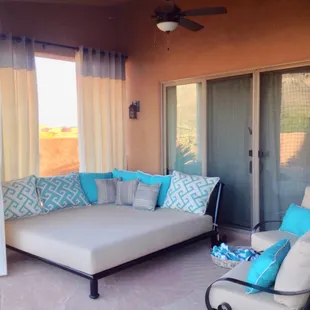 Outdoor drapes -cushions and bed with Sunbrella fabric