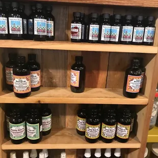 a shelf full of various products