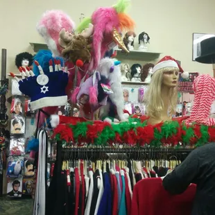 wigs, christmas sweaters, hats