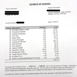 Pima Pet Clinic estimate was almost 10 times what it cost me at Broadway Animal Hospital.