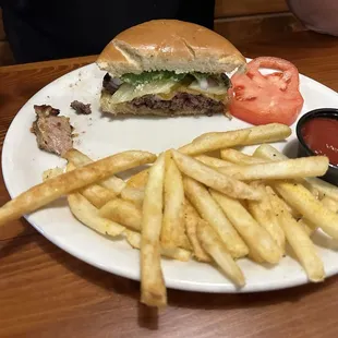 Half of my husband's bacon cheeseburger &amp; fries