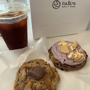 Cold brew, salted caramel cookie and lemon blueberry cheesecake cookie