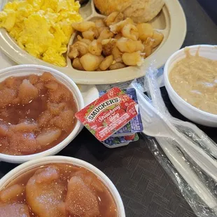 a tray of breakfast foods