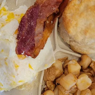 bacon, biscuits, eggs, and biscuits