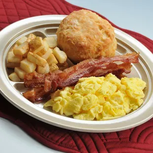 bacon, eggs, biscuits and biscuits