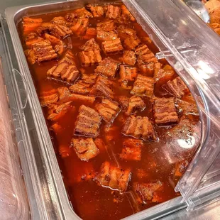 a variety of food items in a buffet