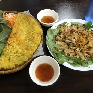 Banh xeo &amp; Snail dish (tofu wrapped in thinly sliced mushrooms with savory dipping sauce)