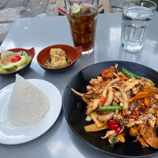 $11.99 Lunch Special: Spicy eggplant with chicken, jasmine rice, salad, dumplings and a drink .