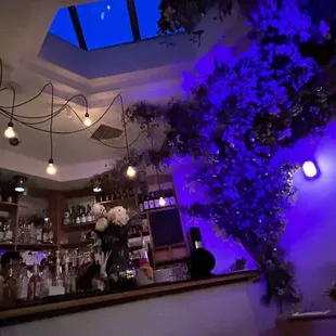 a bar with purple lighting