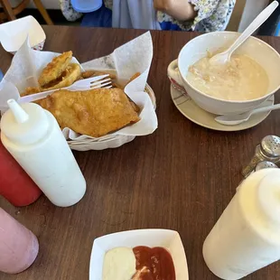 Fish &amp; clams with clam chowder.