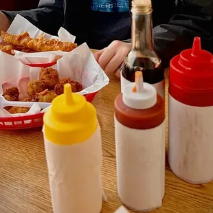 Fish and Chips, and fried oysters with the sauces