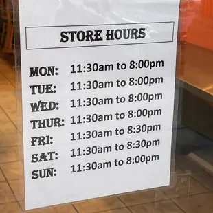 Store Hours as of 9/16/22