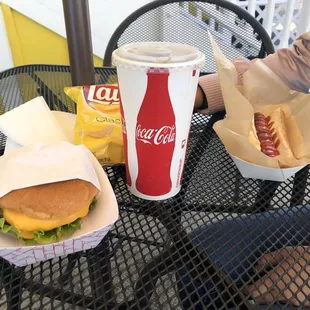 Cheeseburger Special with chips and medium drink and Hot Dog