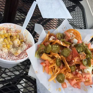 Elote in a cup and nachos!